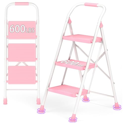Step Ladder Foldable Folding Stool - for Home Adults Kitchen 3 Stepping Extension Tall Heavy Duty with Handrails - Closet Stepstool Stair Ladders Extendable Stepladder for Indoor House 600Lbs