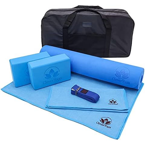 Clever Yoga - Full Yoga Set. 7-Piece Yoga Kit For Women & Men - 6mm cushioned Yoga Mat, 2 Yoga Blocks, Yoga Strap, Mat and Hand Towels, Carrying Bag - Yoga accessories kit for Home or Travel - Blue Cover