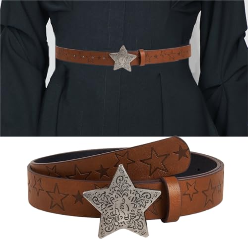 Western Cowboy Faux Leather Belts Star Pattern Buckle Waist Belt Vintage Engraved Embossed Waistband For Women Jeans2