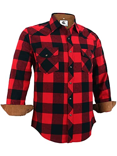 COEVALS CLUB Mens Western Flannel Pearl Snap Button Cotton Regular Fit Long Sleeve Plaid Shirts (L, 1# Red, Black)