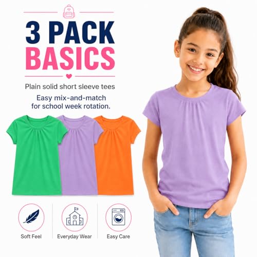 Image of Bienzoe Plain Solid Girls T-Shirts: School Basic Tee 3-Pack | Short Sleeve, Ages 4-13, PE, Recess, Outdoor Play, Soft Cotton Blend, Breathable Quick-Dry, Easy Care, Easy to Mix and Match