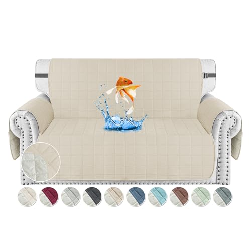 MAXIJIN Waterproof Love Seat Couch Covers 2 Cushion Sofa, 49" Quilted Loveseat Cover Slipcovers for Pets Dog Couch Cover Protector with Elastic Strap & Side Pocket (Loveseat, Beige)