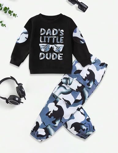 Image of Gaupafmb Toddler Boy Clothes Black Long Sleeve Letter Print Sweatshirts and Camouflage Pants Toddler Boy Fall Outfits