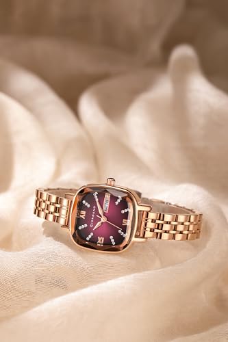 Image of Giordano Elegant Square Rose Gold Watch for Women - Crystal & Roman Hour Markers, Day-Date Display, Stainless Steel Strap