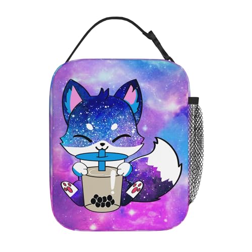 WOEMOZAP Galaxy Fox Insulated Lunch Box,Kawaii Fox Drinking Boba Bubble Tea Kids Lunch Bags For Girls,Reusable Portable Kids Girls School Lunch Box...