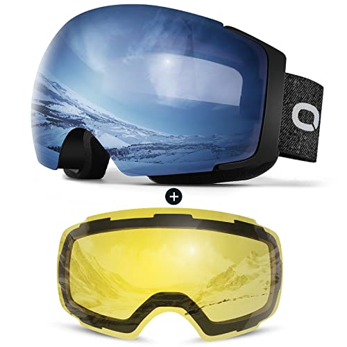 Odoland Unisex Ski Goggles for Men, Women and Boys - Frameless Snowboard Goggles With Magnetic Interchangeable Lens, UV Protection, Anti-fog, Helmet Compatible for Skiing Amber (sunny)+Yello