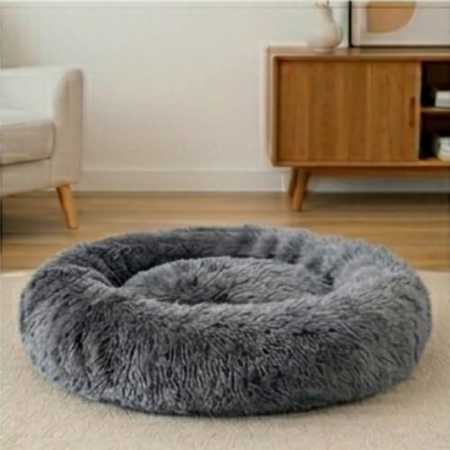 Image of Luxury Plush Dog Bed Small Size for Dogs & Cats, Ultra Soft Calming Donut Pet Bed with Raised Rim and Anti-Slip Base, (Grey)