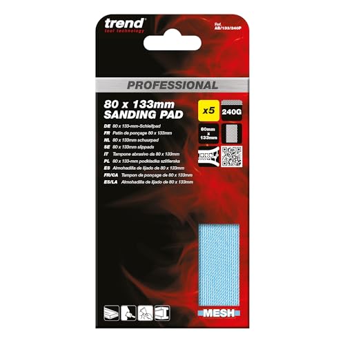 Trend Profi-Schleifpads 80 x 133 mm, Körnung 240, 5 Stück, Netzschleifmittel für Feinschliff und Entgraten, AB/133/240P