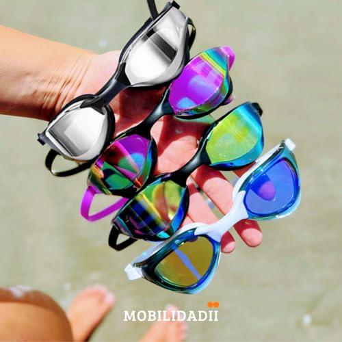 Óculos de natação espelhado antiembaçante com proteção UV estojo, narigueira, protetor nasal e prote