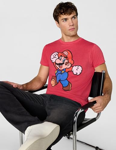 Nintendo Super Mario Jump Pose - Camiseta para Hombre, Rojo (Red Heather), Medium