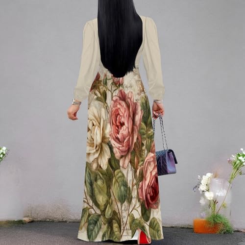 Image of Women's Plus Size Maxi Dresses Long Sleeves V Neck Floral Print Bohemian Swing Long Dress with Belt