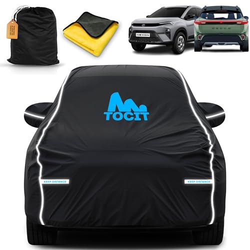 Image of Tata Nexon Facelift 2024 Waterproof Long Life Car Cover with Safety Glow Reflective Strap, Premium Stretchable Velvet Velour Fabric, Machine Washable, Tri-Stitch Custom Fit with Mirror Pocket