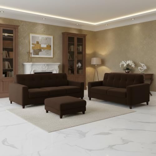 Image of Homeboy Luxe Velvet-Suede Fabric 3 + 2 Seater with Ottoman Sofa Set | Comfortable & Spacious Seating for Upto 6 Person | Modern Sofa Set for Living Room - Dark Brown