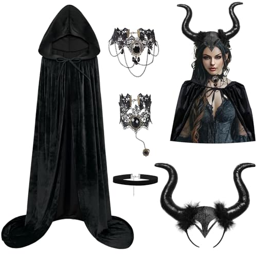 Black Cape with Hood, Queen Evil Halloween Costumes for Women Cosplay Accessories, Velvet Cloak with Black Devil Horn Headband, Retro Lace Necklace Bracelet for Women Masquerade Dress Up Carnival