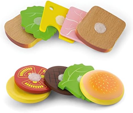 Viga Wooden Hamburger & Sandwich Set - Childrens Pretend Play Food Kitchen Toy
