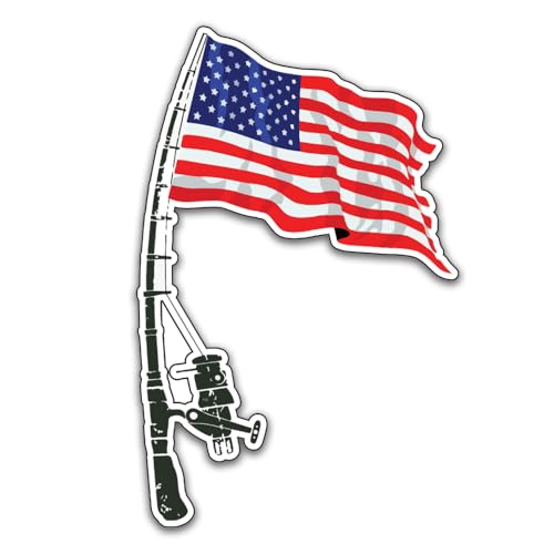 Image of Fishing American Flag Sticker Bumper - Funny Car Auto Laptop Weatherproof Vinyl Decal, Patriotic Fishing Bumper Sticker