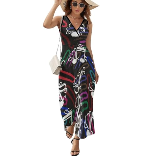 Robe longue d'été sans manches motif notes de musique col V chic