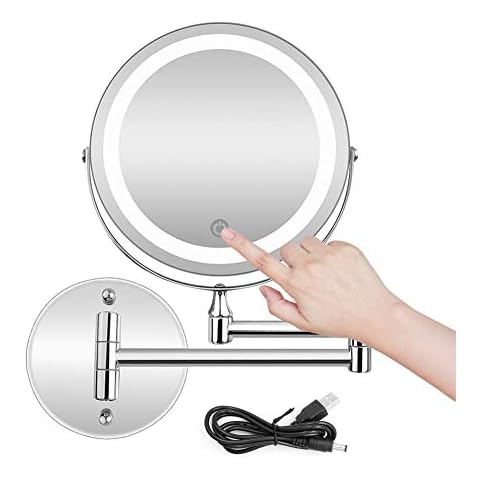 Wandmontage Zweiseitig Beleuchteter Kosmetikspiegel, Metall Verchromt 10-Fache Lupe Gewöhnlicher Planspiegel Touchscreen USB Wiederaufladbare Cover