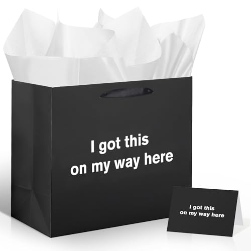 Funny Gift Bag I Got This On My Way Here Black Gag Gift Bags with Tissue Paper and Greeting Card Inappropriate Snarky Funny Birthday Gift Wrapping Paper for Office Coworker Best Friend Men Women