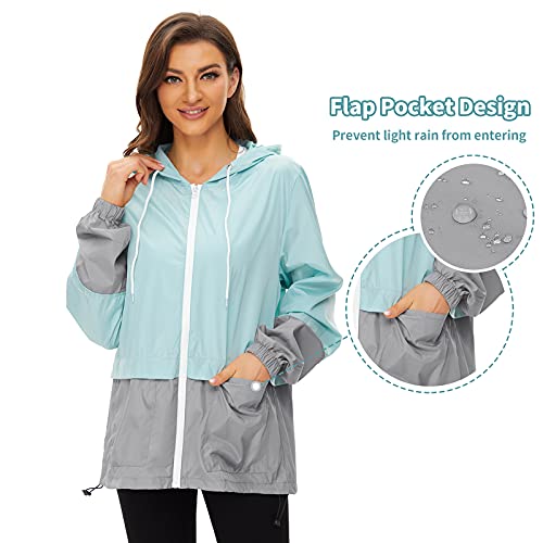 Plus Women's Color Block Drawstring Jackets With Hood Lightweight Active Outdoor Rain Coat Light Blue/ Grey X-Large #TOP3
