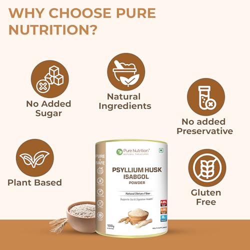 Image of Pure Nutrition Psyllium Husk Isabgol Powder, 100g | Natural Dietary Fiber Supplement | Supports Digestive & Gut Health | Helps Ease Irregularity & Bloating | Gluten Free, No Sugar Added