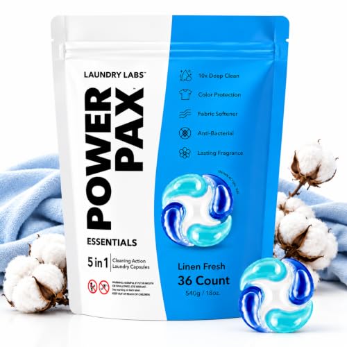 PowerPax Laundry Detergent Pods, 36 Count 5-in-1 Laundry Pods with Enzyme Stain Remover, Odor Control, Fabric Softener & Color Care, Washer Pods for HE Machines - Linen Fresh