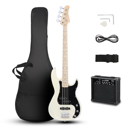 Ktaxon 4 String Bass Guitar, Bass Kit Full Size Guitar Starter Kit with 20W AMP, Portable Gip Bag, Premium Cable, Adjustable Guitar Strap, Picks and Wrench, Gift For Music Lover(Bass Set-White)