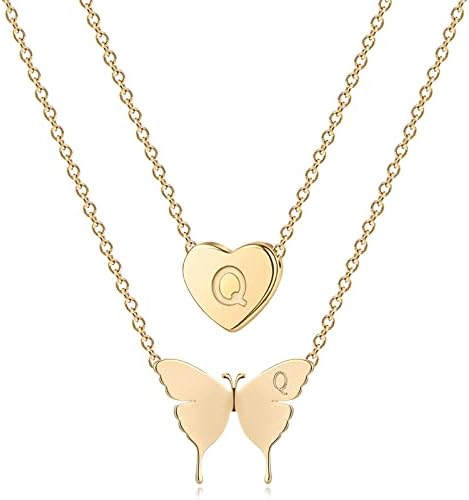 Minegreet Gold Initial Layered Necklace 18K Gold Plated Butterfly and Heart Pendant Name Necklaces Delicate Everyday Necklace for Women Minimalist Personalized Jewelry