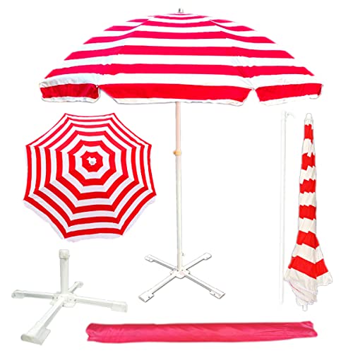 Garden Umbrella 8ft With Stand - Red Stripe Outdoor Waterproof Pa...