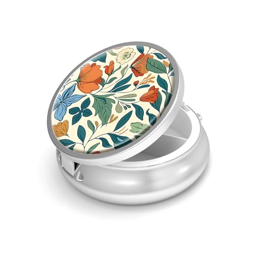 Image of Pill Box-3 Compartment Small Pill Case for Purse & Pocket Mini Metal Pill Holder Travel Pill Container to Hold Supplements Vitamins BPA-Free (Floral Pattern)