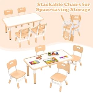 INFANS Kids Table and Chiar Set Height Adjustable Toddler Desk and 4 Chairs with Graffiti Desktop Non Slip Legs Large 47 L x 235 W Multi Activity Art Table for Daycare Classroom Home Natural