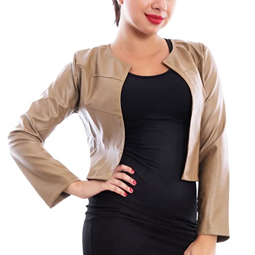 Toocool Damen Kunstlederjacke, Kurzer Bolero ohne Reißverschluss, Crop Jacke VI-2601, Beige