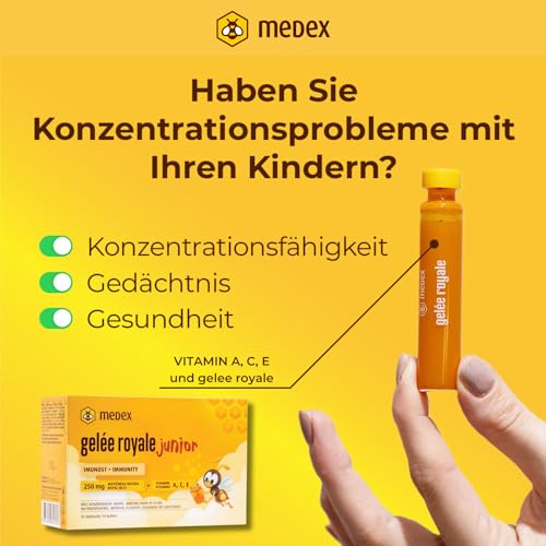 Medex Gelée Royale JUNIOR, frisches Gelee Royal 250 mg, mit natürlichen Vitaminen A, C, E, ausgezeichneter Geschmack, ohne Süßstoffe, für Kinder ab 3+, Flüssigkeit in Ampullen 10 x 9 ml