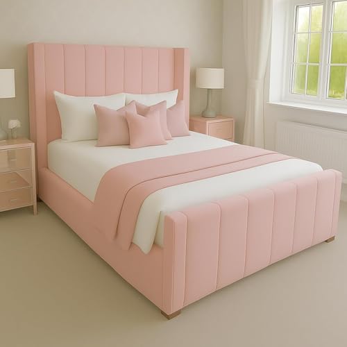 Innovative Luxury Chesterfield Wiinged Bed Frame - Upholstered in Plush Velvet with Mattress/Gas Lift Options - UK Made (Pink Plush, King size 5ft Bed Frame)