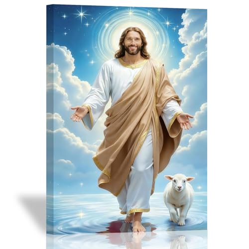 ZHIYYHAO Jesus with Lamb Christian Canvas Wall Art Framed The Lost Sheep Christian God Savior Modern Artwork For Bedroom Church Decoration Office Home Decor Ready to Hang (J-7，12.00L X8.00W''