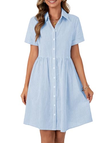 Image of Rooscier Women's Striped Shirt Dress Button Down Collared Short Sleeve Mini Dress