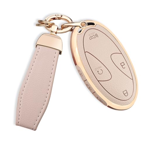 QBUC for Hyundai Key Fob Cover with Key Chain, Upper Leather + Soft TPU Car Key Case for Hyundai Ioniq 6 Grandeur GN7 KONA Elanrtra Santa Fe Tucson (2023-2025) Sonata (Cream, 7 Buttons)