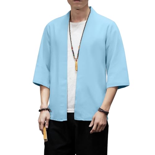 Image of PRIJOUHE Men's Kimono Jackets Cardigan Lightweight Casual Cotton Blends Linen Seven Sleeves Open Front Coat Outwear