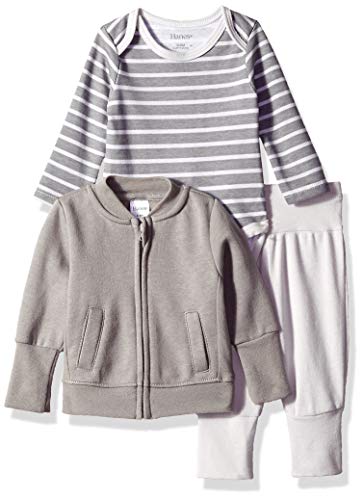 Hanes Ultimate Baby Flexy Jogger with Long Sleeve Bodysuit and Fleece Jacket, Green/Grey Stripe, 18-24 Months