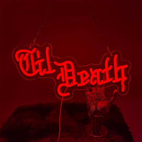 Image of Til Death Wedding Neon Sign USB Powered for Wall Decor, Gothic Halloween Gifts Neon Sign Dimmable LED Neon Light Sign for Bedroom Home Man Cave Old English Decor Goth Lover Gift