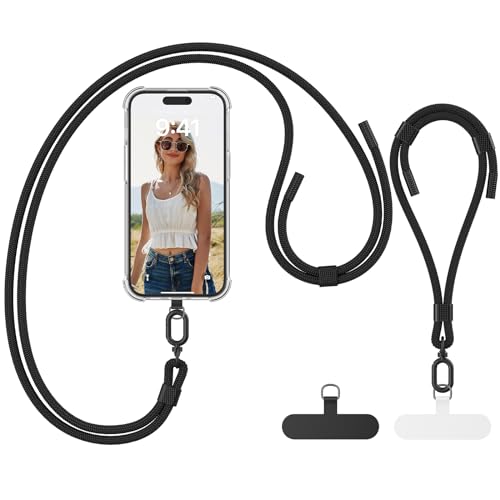 caslord Handyband Universal für alle Smartphones, Kette zum Umhängen um Hals & Handgelenk, mit 2 Einstellbar Schlüsselband Kette und 2 Universelles Pad, Handyband für alle Standard Handyhülle-Schwarz