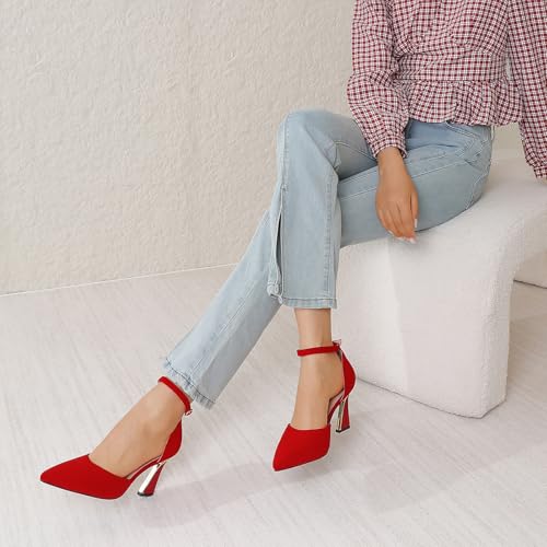 Image of RIBONGZ Comfortable Kitten Heels for Women Pointed Closed Toe Ankle Strap Buckle Heels Slip on Low Heel Church Pumps Wedding Bridal Party Dressy Shoes