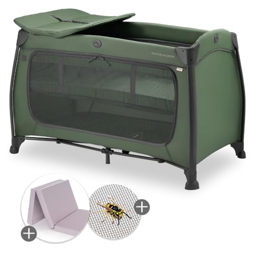 hauck - Lot Lit Parapluie Bebe avec Matelas Play N Relax 120x60 cm - avec Moustiquaire, 2 Niveaux, Table à Langer, Ouverture Latéral et Sac de Transport - Vert Foncé