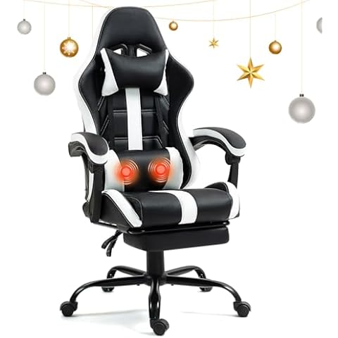 HOMHUM Massage Gaming Chair with Footrest, Ergonomic PU Leather Computer Chair w/Headrest and Lumbar, Height Adjustable, 360° Swivel Desk Office Chair, White Cover
