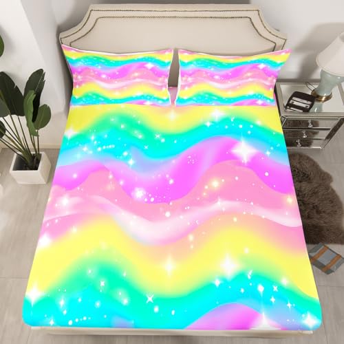 Rainbow Fitted Sheet & Pillow Sham Set for Kids Adult, Abstract Colorful Glitter Bed Sheets, Sweetheart Bedding Set Modern Cute Bedding Decor Set Home Decoration, Full Size
