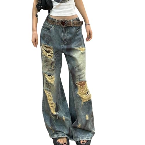 Y2K Jeans Women's Loose Ripped Straight Leg Pants, high Waisted Multi Pocket Jeans
