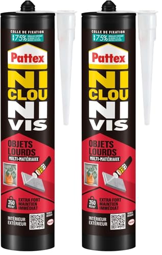 Pattex Ni Clou Ni Vis Fix Objets Lourds, Colle de fixation forte tous supports, colle de construction puissante et flexible, colle blanche, cartouche de 460 g (Lot de 2)
