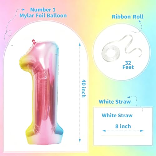 Image of Rainbow Number Balloons Birthday Balloons - Giant Number 1 Balloon 40 inch, Numbers Balloon Birthday Decorations, Rainbow Party Supplies for Baby Shower
