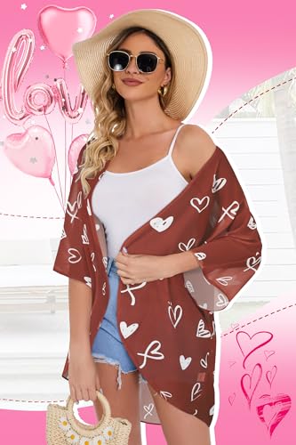 Image of Women's Valentine's Day Puff Sleeve Kimono Cardigan Loose Cover Up Casual Blouse Tops (White Red Heart,M)