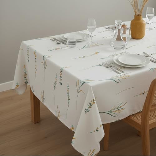 Image of HOMEMONDE 100% Cotton 4 Seater Table Cloth, 45 x 60 Inches Floral Printed Table Cover for Home Decor (114 x 152 CM, Leafscape - Yellow & Green)